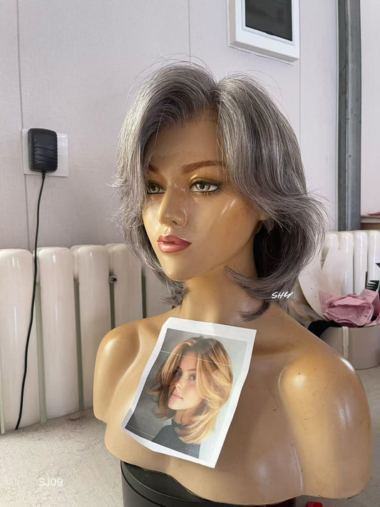 PU Full Lace Salt-and-Pepper Silver Gray Side-Part Layered Pixie Bob Human Hair Medical Wig product view 2 — alternate view