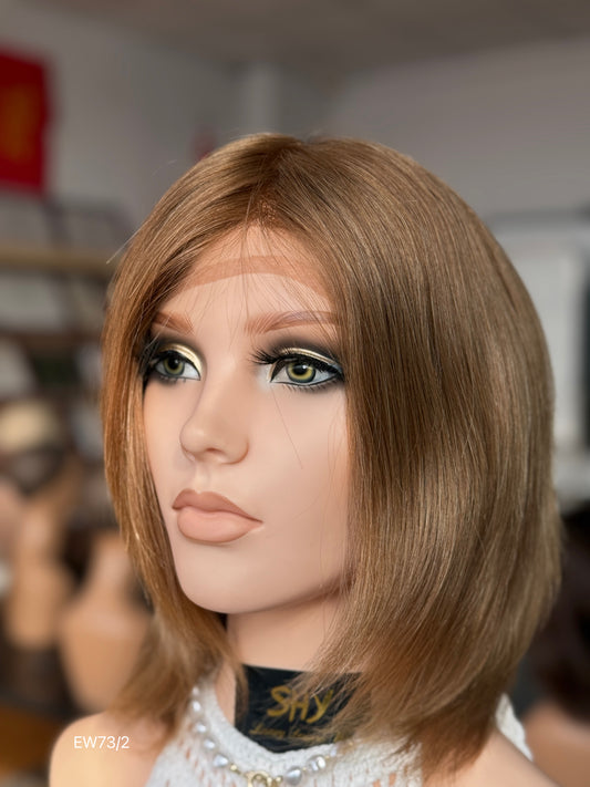 Warm chestnut brown European human hair mono top medical wig - front three quarter — alternate view