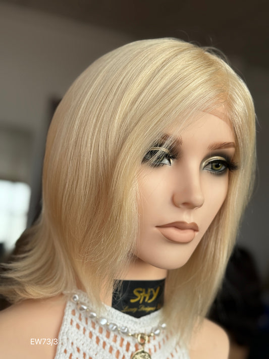 Light champagne blonde European human hair mono top medical wig - front three quarter — alternate view