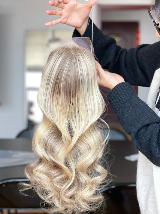 Ash Blonde Center-Part Long Wavy Human Hair Topper Mini Wig, product view 1