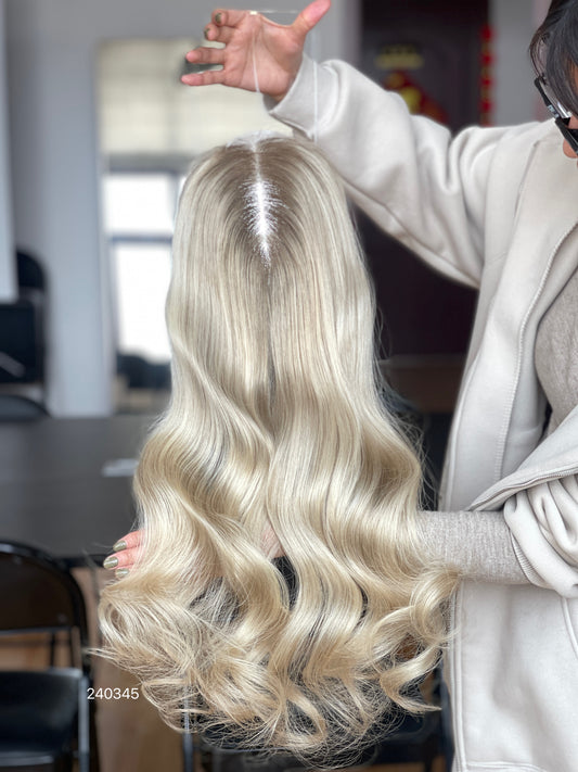 Ash Brown Dark-Root Blonde Highlighted Long Wavy Human Hair Topper Mini Wig, product view 1