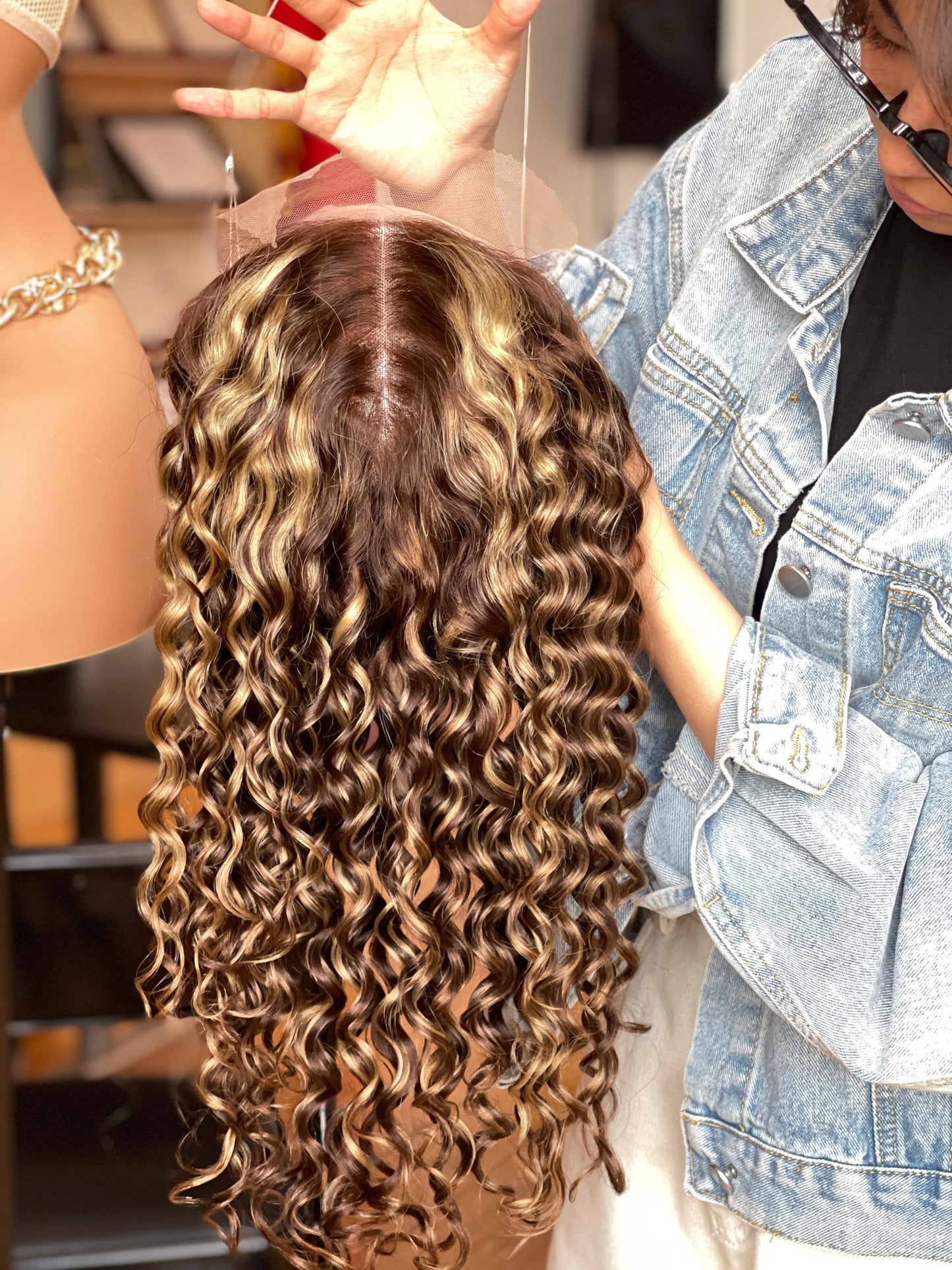 Warm Brown Long Curly Human Hair Topper Mini Wig, product view 1