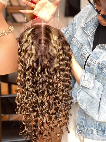 Warm Brown Long Curly Human Hair Topper Mini Wig, product view 1