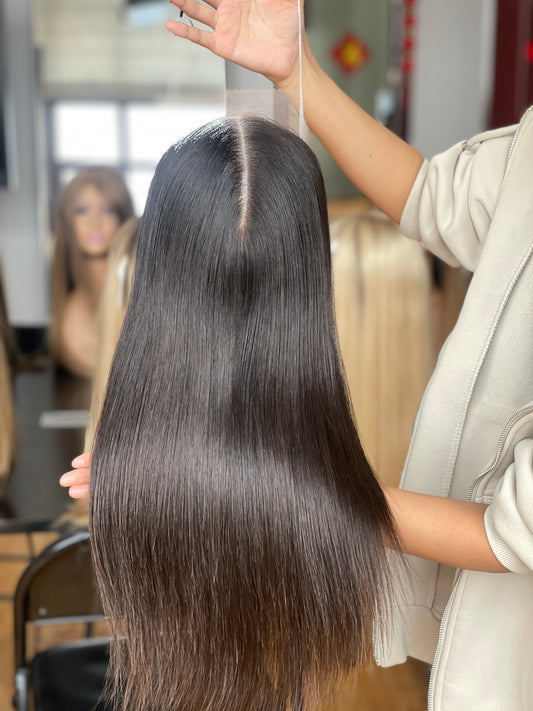 Chocolate Brown Long Straight Human Hair Topper Mini Wig, product view 1