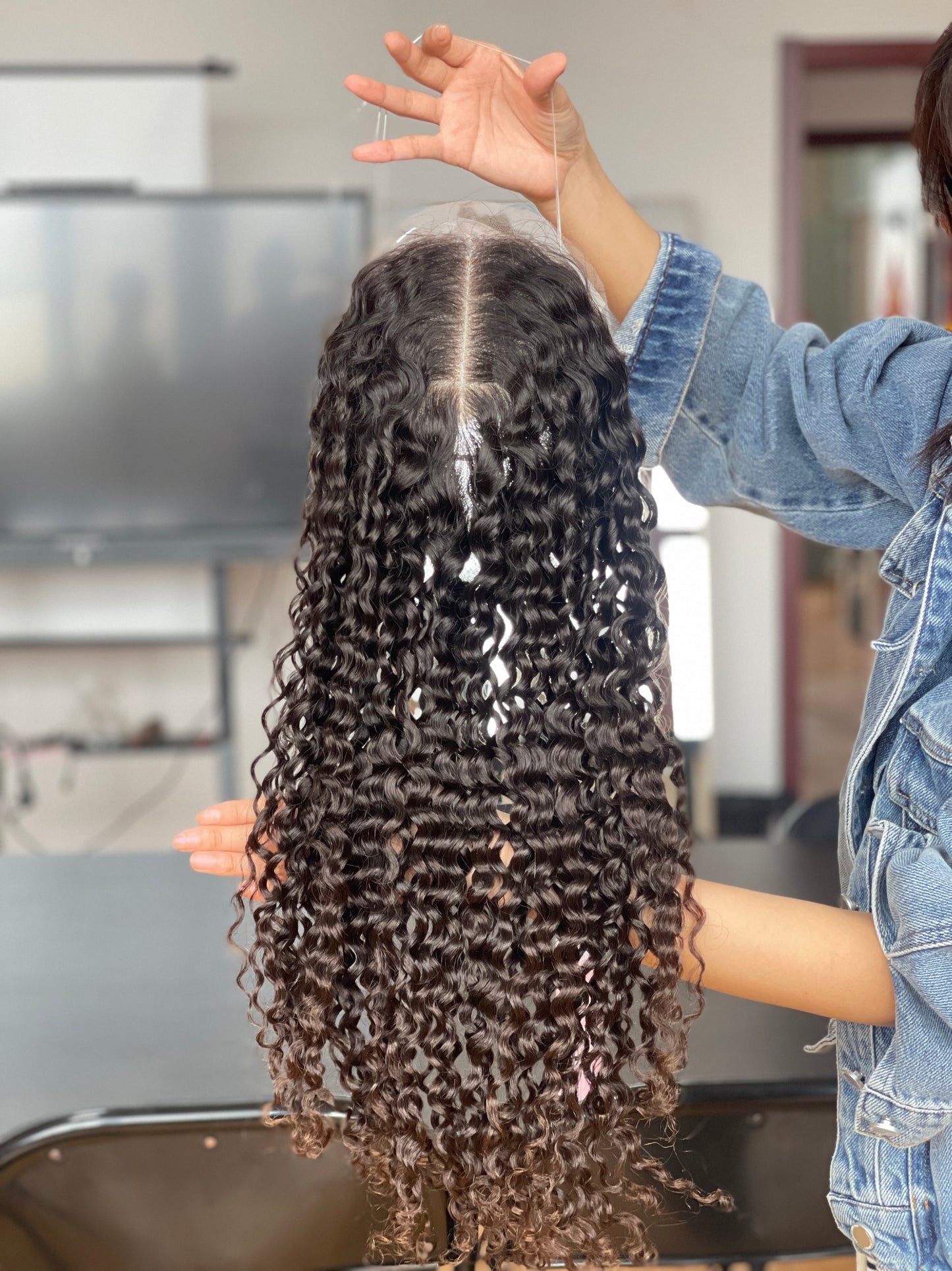 Natural Brown Long Curly Human Hair Topper Mini Wig, product view 1