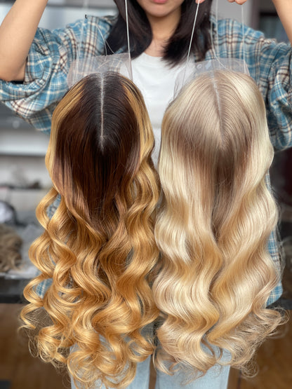 Warm Brown Blonde Highlighted Long Wavy Human Hair Topper Mini Wig, product view 1
