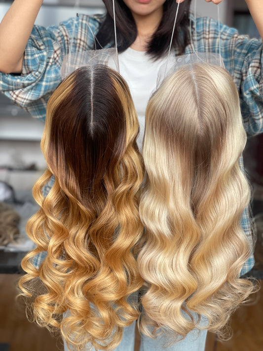 Warm Brown Blonde Highlighted Long Wavy Human Hair Topper Mini Wig, product view 1