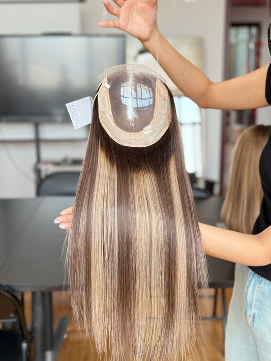 Silver Ash Blonde Long Straight Human Hair Topper Mini Wig, product view 1