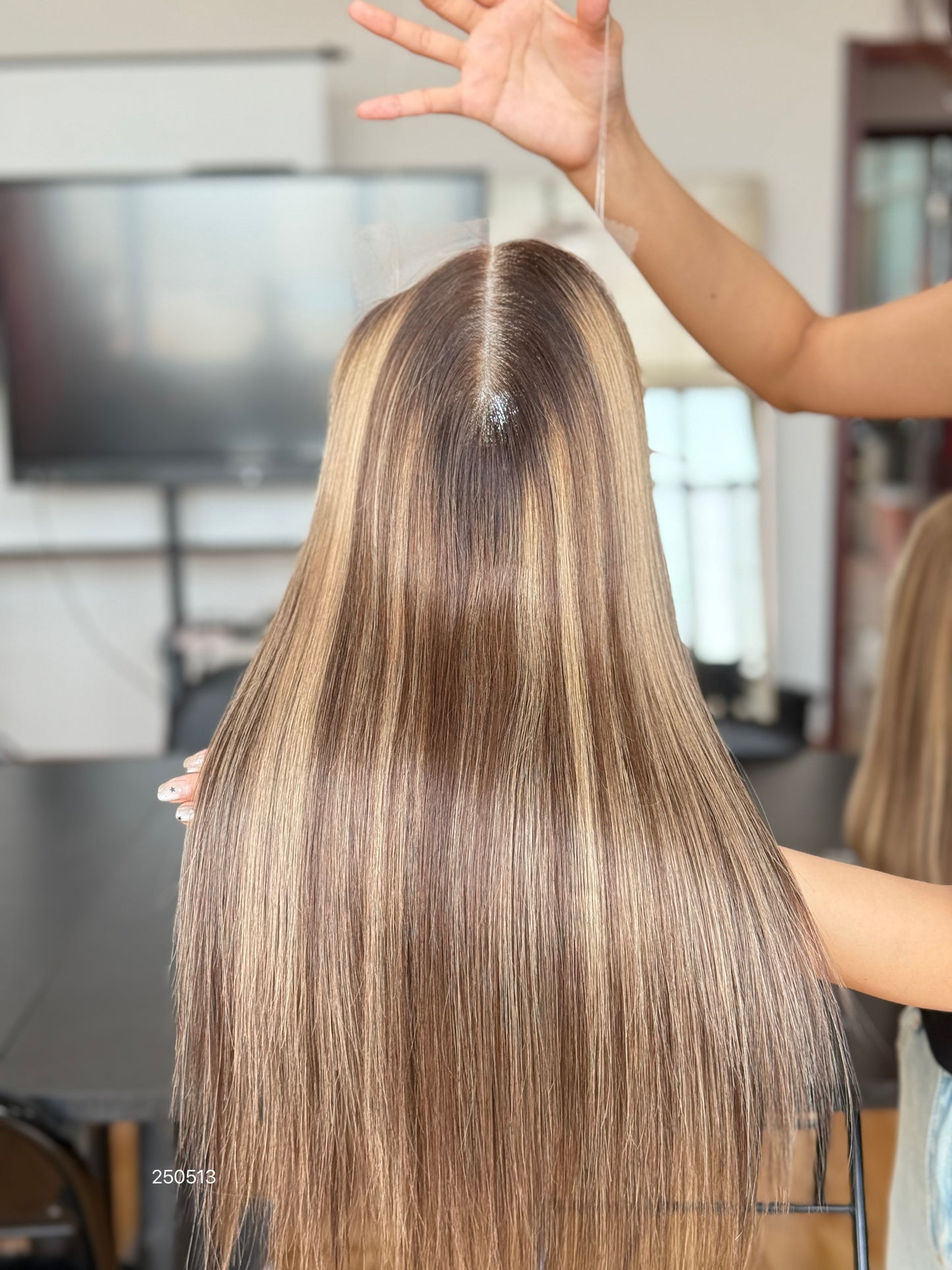 Light Blonde Long Straight Human Hair Topper Mini Wig, product view 1