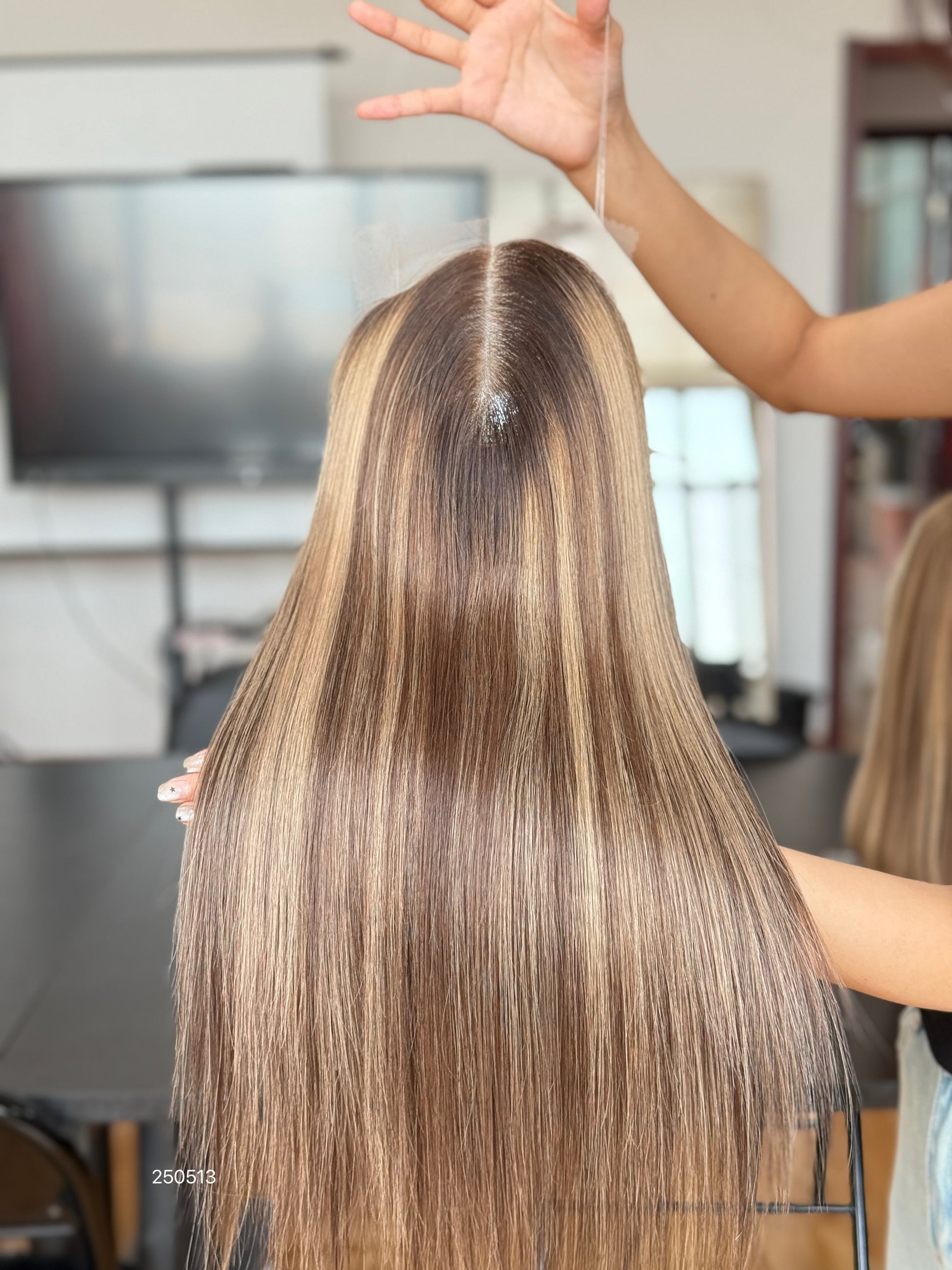 Light Blonde Long Straight Human Hair Topper Mini Wig, product view 1