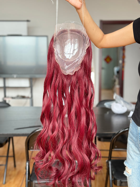 Burgundy Red Long Wavy Human Hair Topper Mini Wig, product view 1