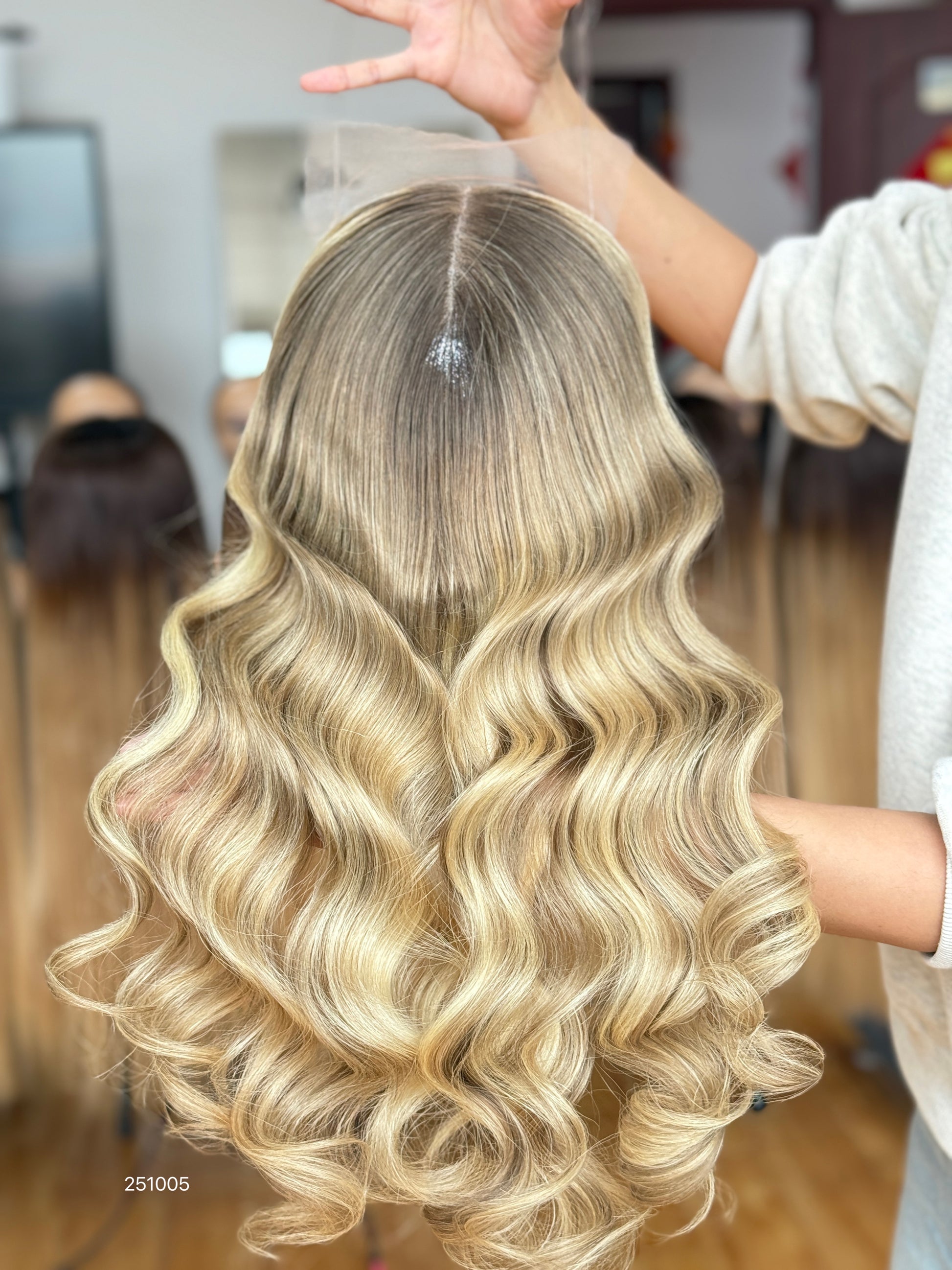 Warm Brown Blonde Highlighted Long Wavy Human Hair Topper Mini Wig, product view 1