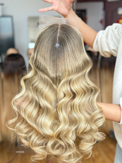 Warm Brown Blonde Highlighted Long Wavy Human Hair Topper Mini Wig, product view 1