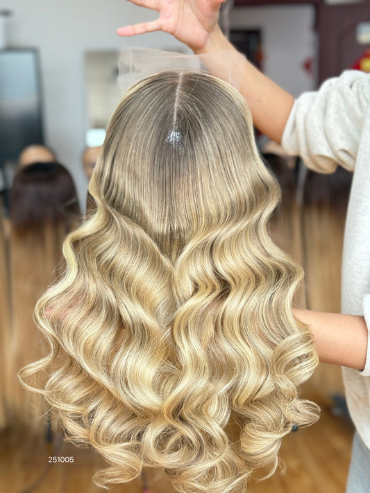 Warm Brown Blonde Highlighted Long Wavy Human Hair Topper Mini Wig, product view 1