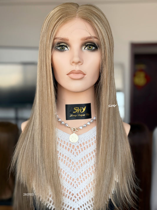 Light Ash Blonde Highlighted Middle-Part Straight Human Hair Lace Front Glueless Medical Wig, product view 1