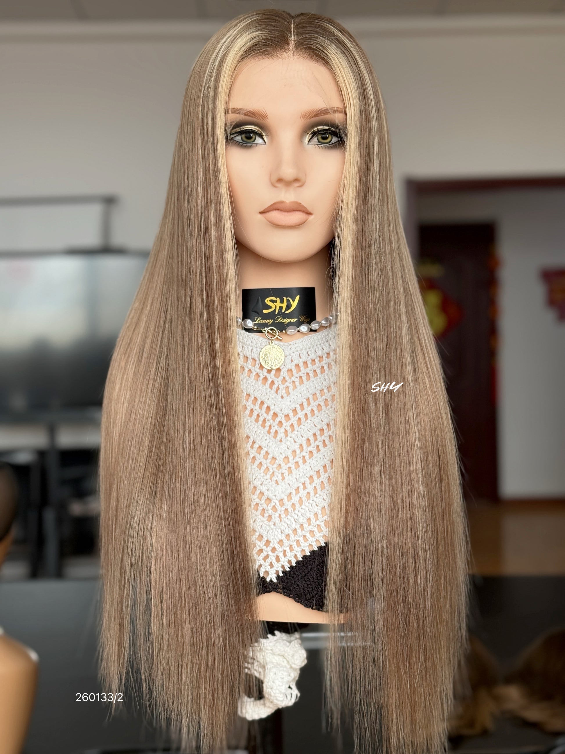 Light Brown Highlighted Middle-Part Long Straight Human Hair Lace Front Glueless Medical Wig, product view 1