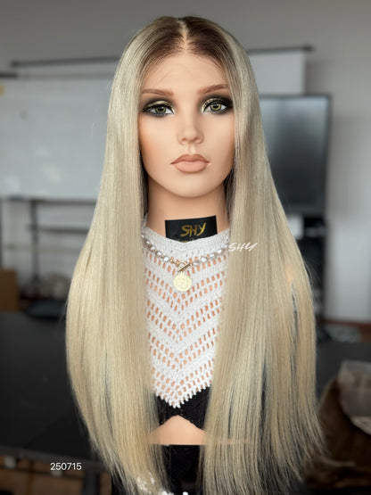 Light Blonde Middle-Part Long Straight Human Hair Lace Front Glueless Medical Wig, product view 1