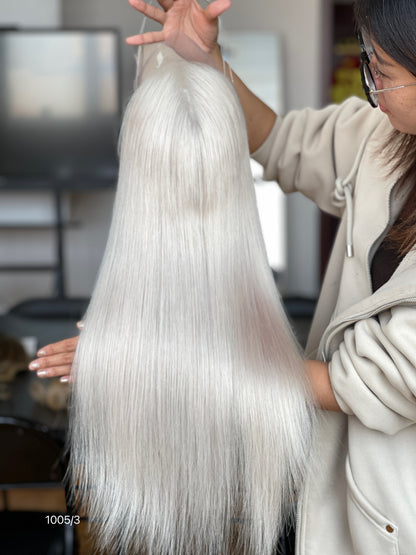Silver Ash Blonde Long Straight Human Hair Topper Mini Wig, product view 1