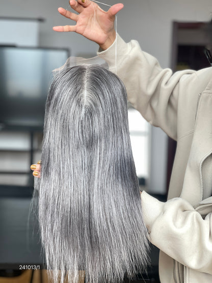 Cool Silver Ash Blonde Long Straight Human Hair Topper Mini Wig, product view 1