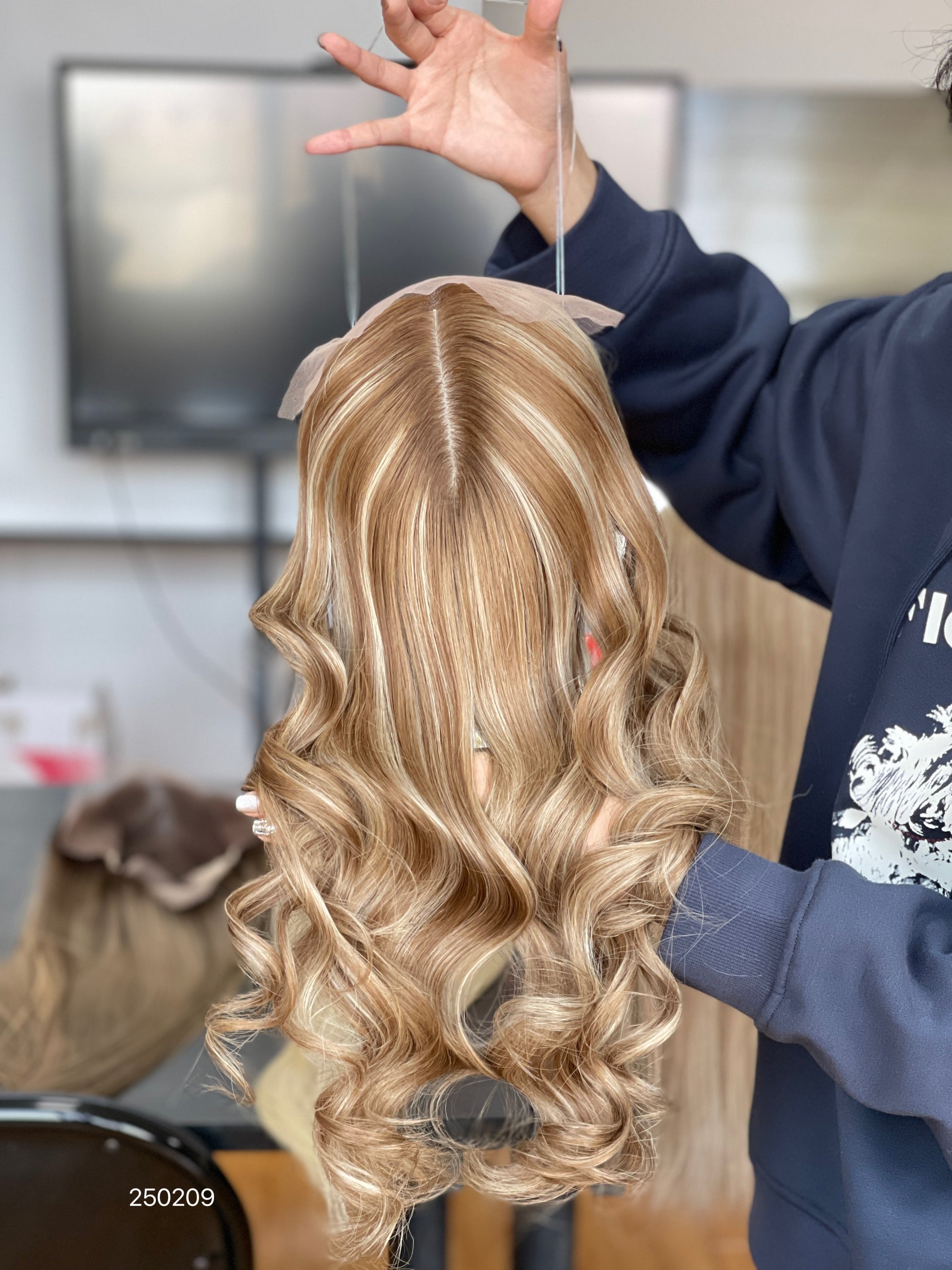 Warm Honey Blonde Long Wavy Human Hair Topper Mini Wig, product view 1