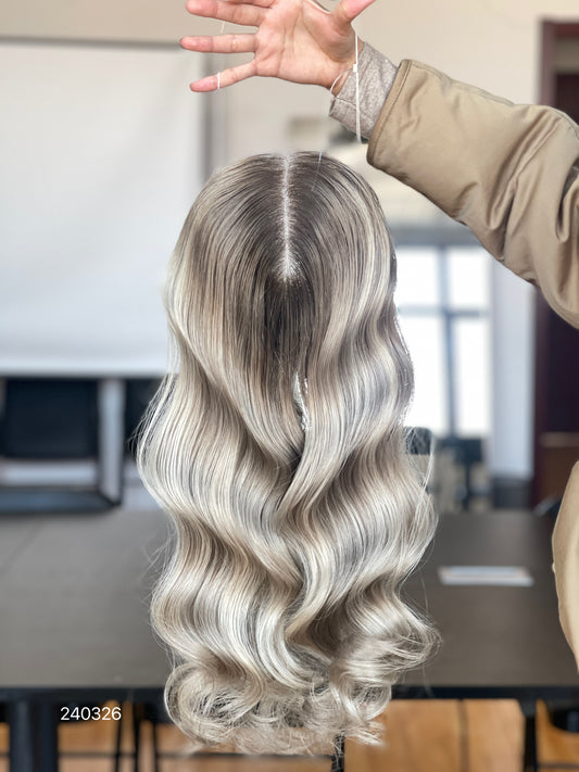 Light Blonde Dark-Root Long Wavy Human Hair Topper Mini Wig, product view 1