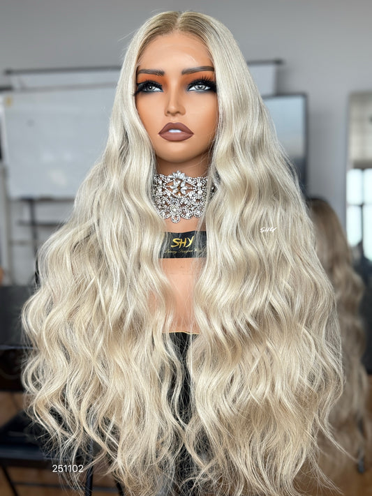 Cool Ash Blonde Middle-Part Body Wave Human Hair Lace Front Glueless Medical Wig, product view 1