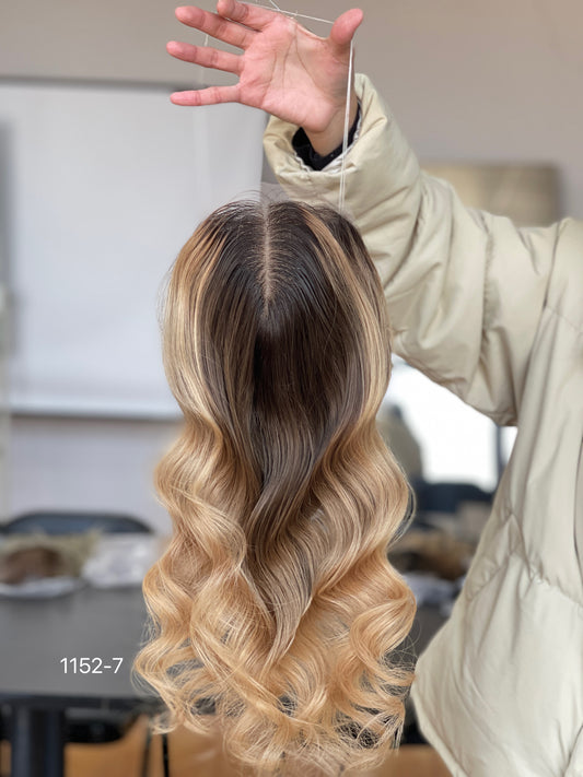Dark-Root Blonde Long Wavy Human Hair Topper Mini Wig, product view 1