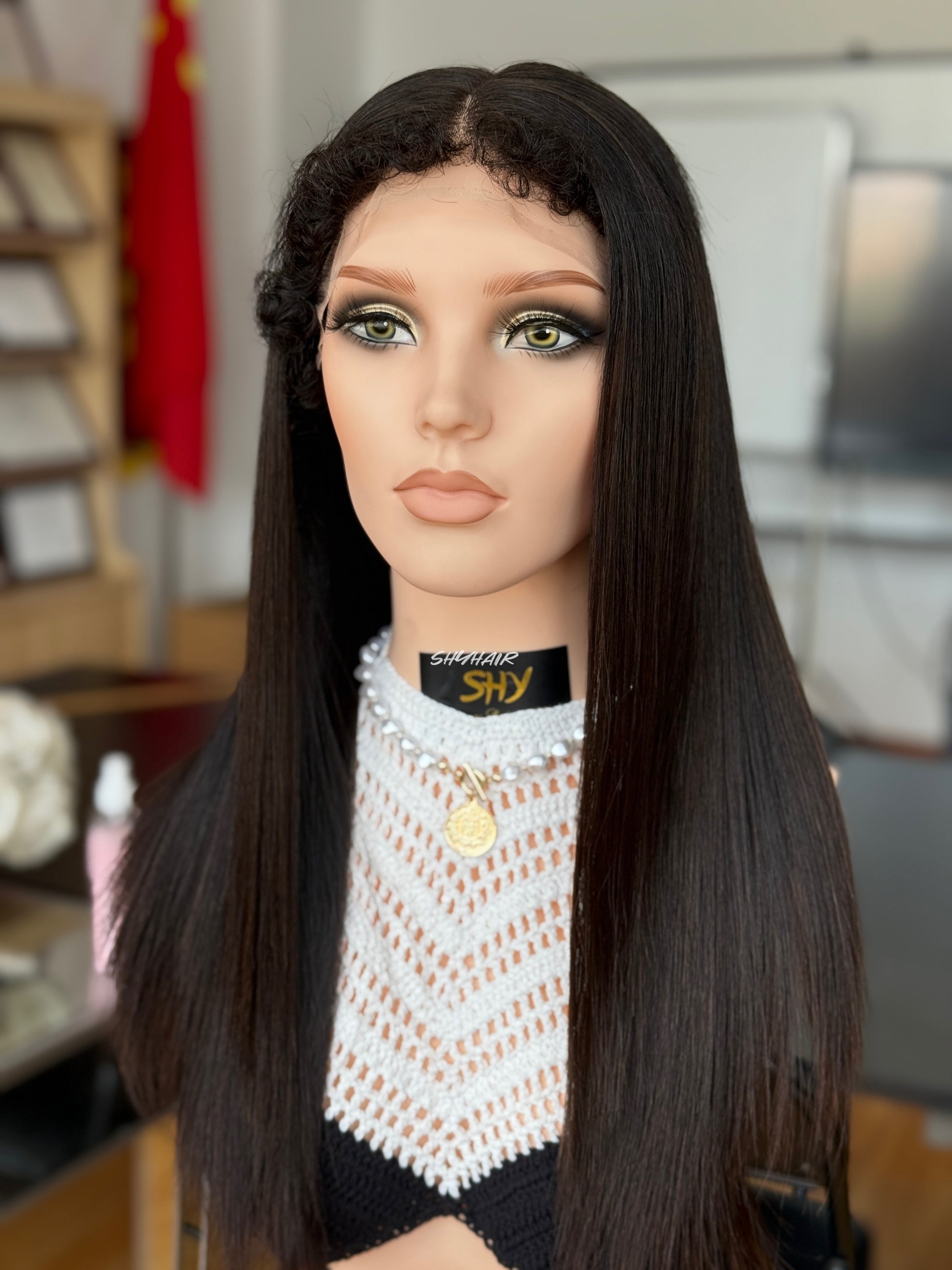 Natural Black Middle-Part Straight Human Hair Topper Mini Wig, product view 1