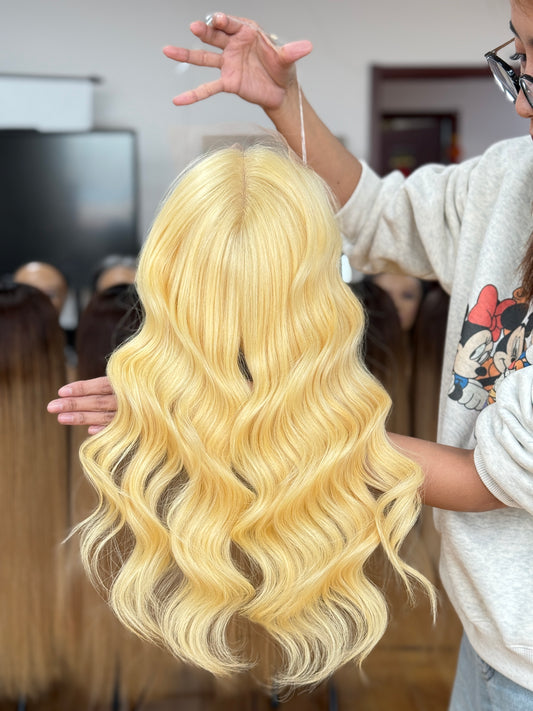 Light Blonde Long Wavy Human Hair Topper Mini Wig, product view 1