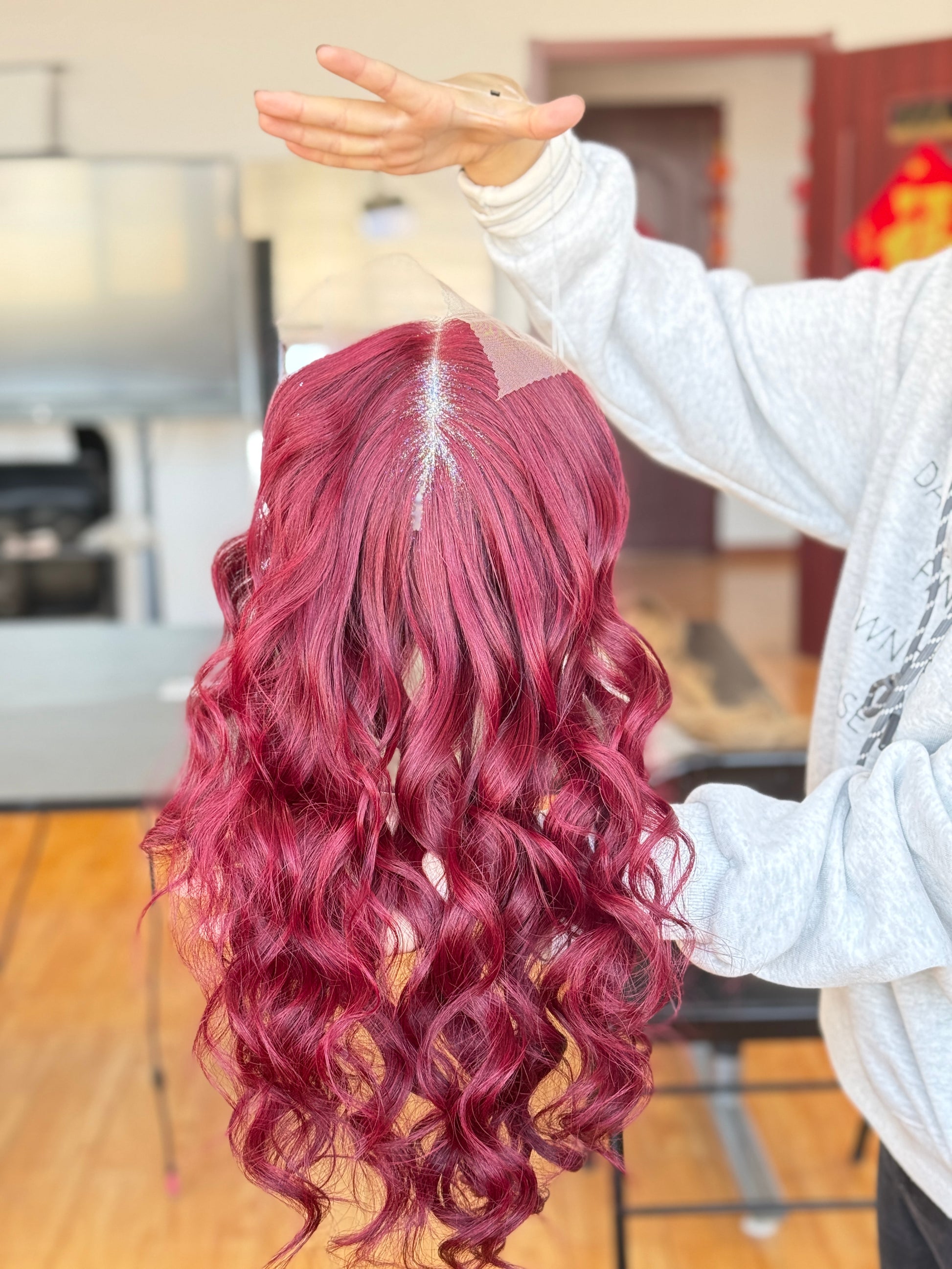 Burgundy Red Long Wavy Human Hair Topper Mini Wig, product view 1