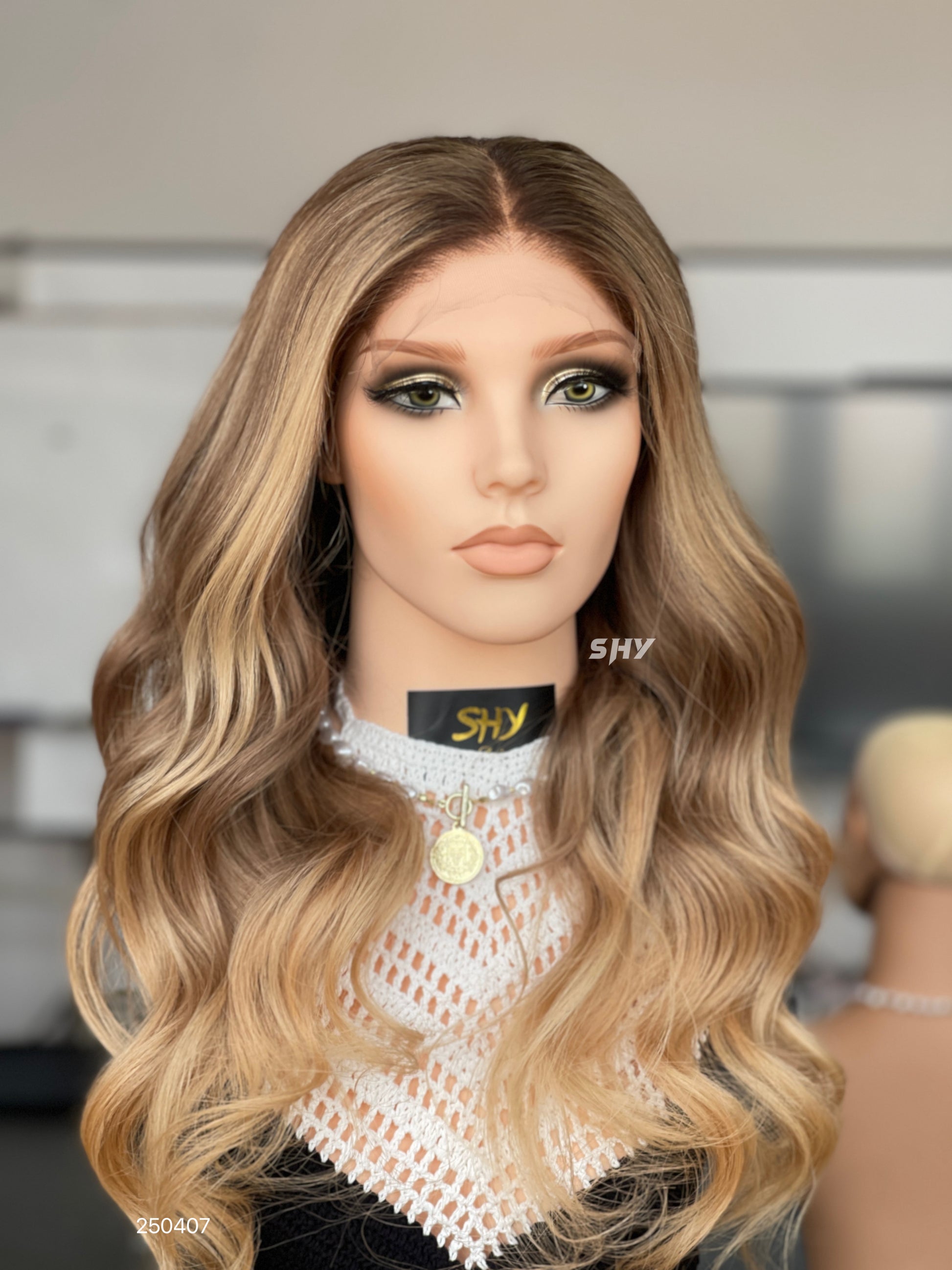 Dark Root Honey Blonde Ombre Middle-Part Body Wave Human Hair Lace Front Glueless Medical Wig, product view 1