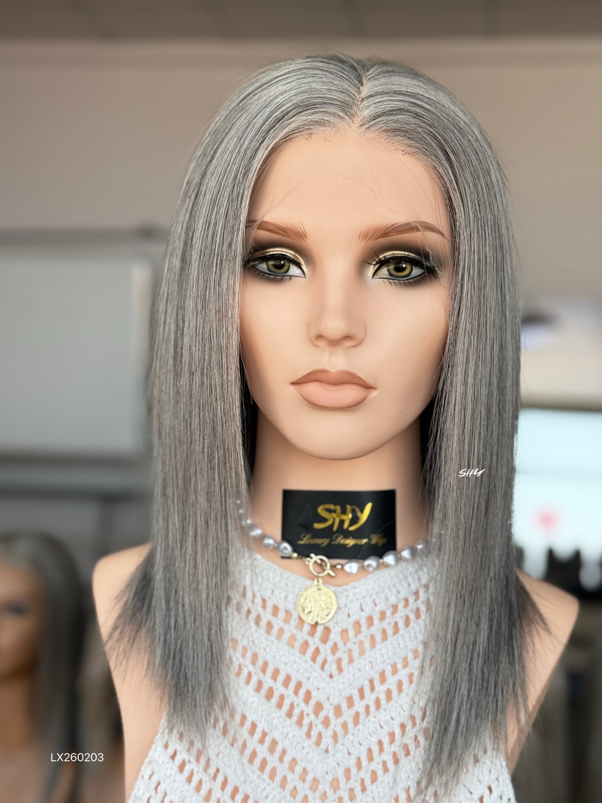 Silver Gray Middle-Part Straight Human Hair Lace Front Glueless Medical Wig, product view 1