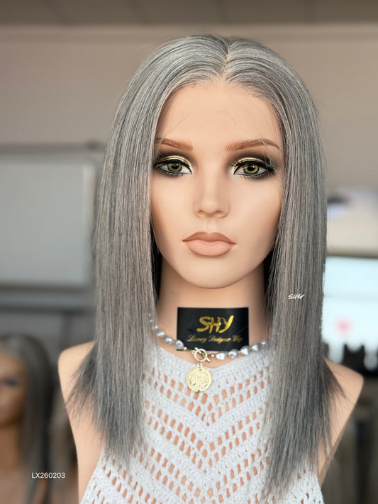 Silver Gray Middle-Part Straight Human Hair Lace Front Glueless Medical Wig, product view 1