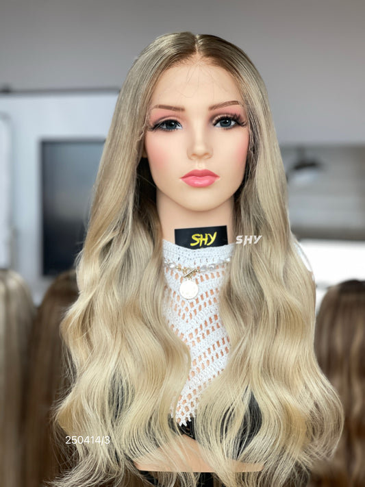 Ash Blonde Dark Root Middle-Part Body Wave Human Hair Lace Front Glueless Medical Wig, product view 1