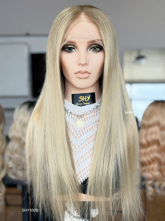 Ash Blonde Middle-Part Straight Human Hair Lace Front Glueless Medical Wig, product view 1