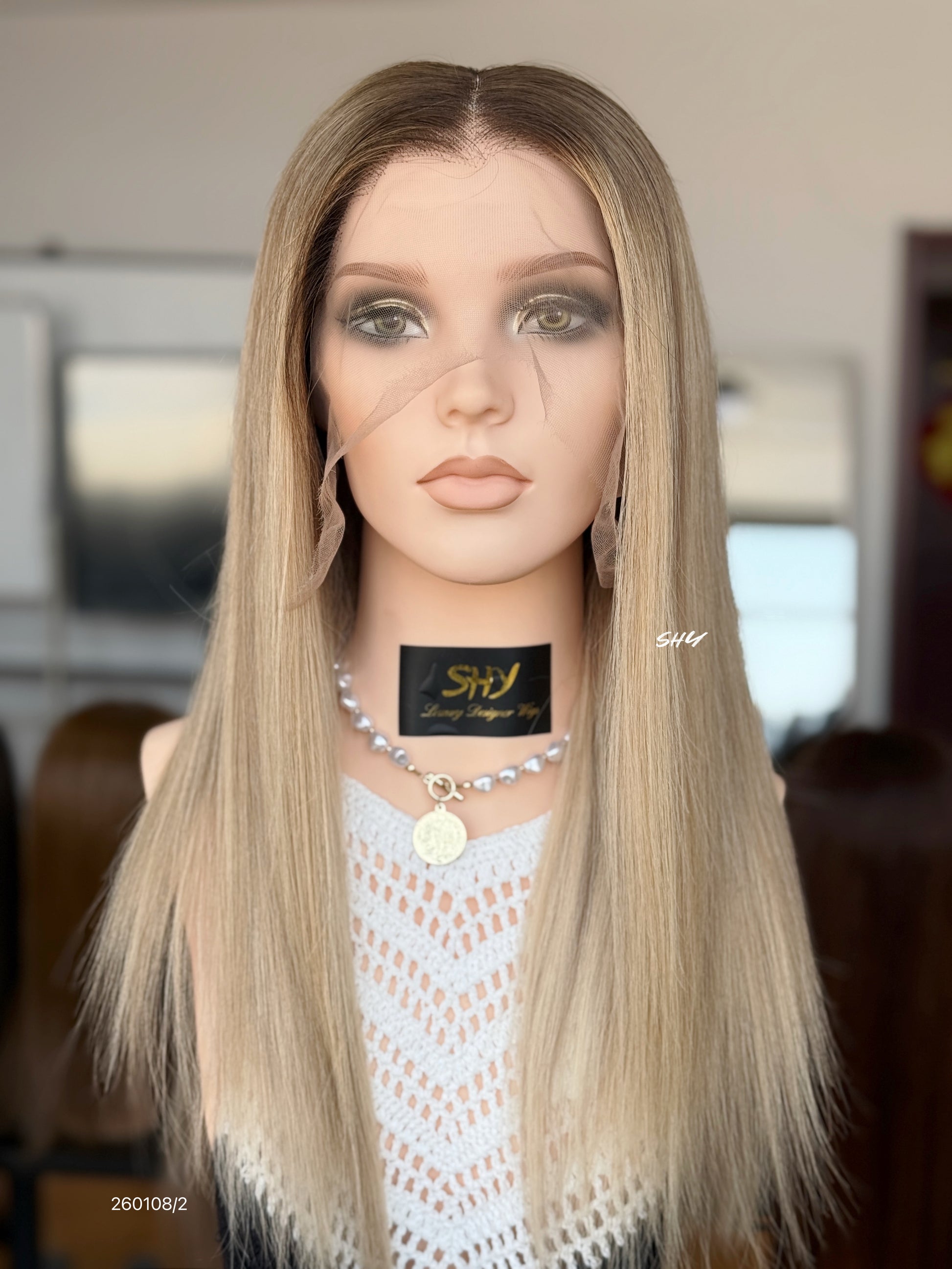 Dark Root Ash Blonde Highlighted Middle-Part Straight Human Hair Lace Front Glueless Medical Wig, product view 1