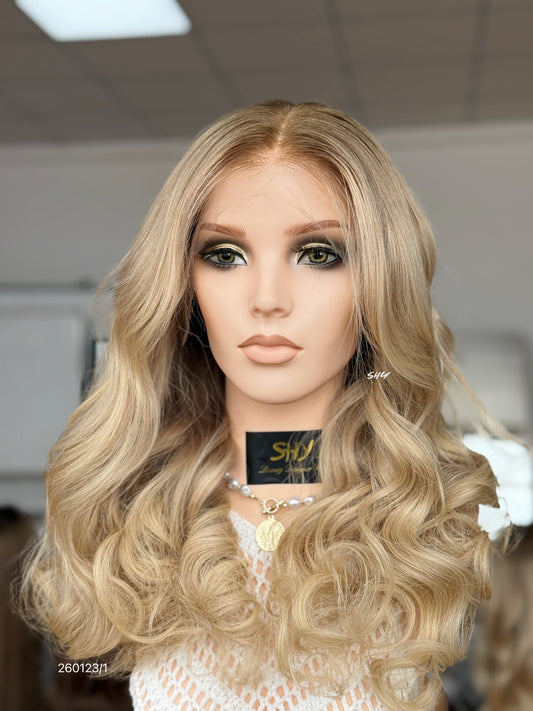 Dark Root Blonde Middle-Part Loose Wave Human Hair Lace Front Glueless Medical Wig, product view 1