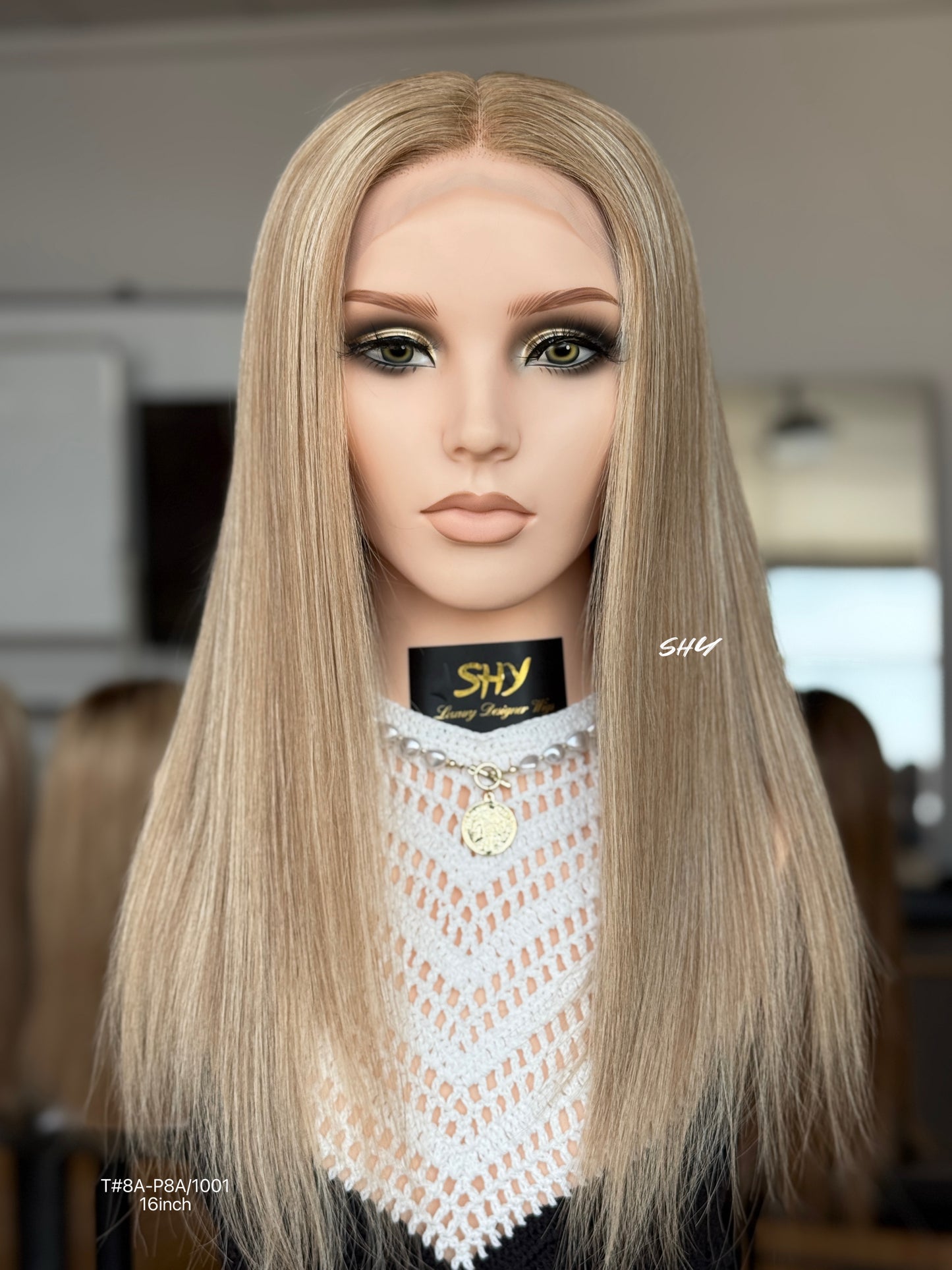 Beige Blonde Highlighted Middle-Part Shoulder-Length Straight Human Hair Lace Front Glueless Medical Wig, product view 1