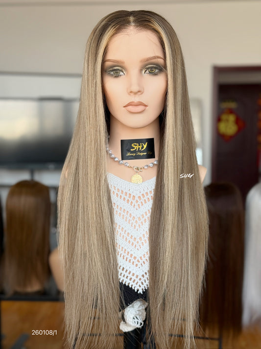 Dark Root Ash Brown Blonde Highlighted Middle-Part Straight Human Hair Lace Front Glueless Medical Wig, product view 1