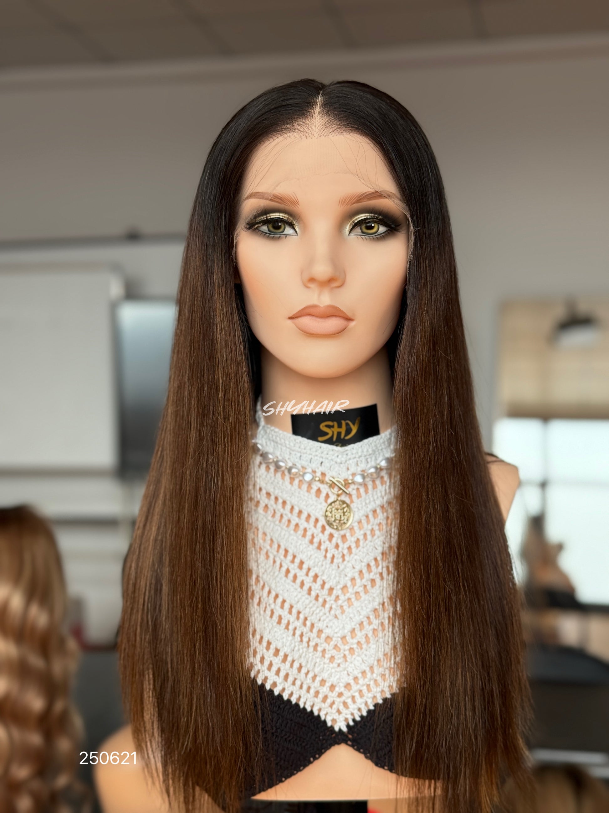 Chocolate Brown Ombre Middle-Part Straight Human Hair Lace Front Glueless Medical Wig, product view 1