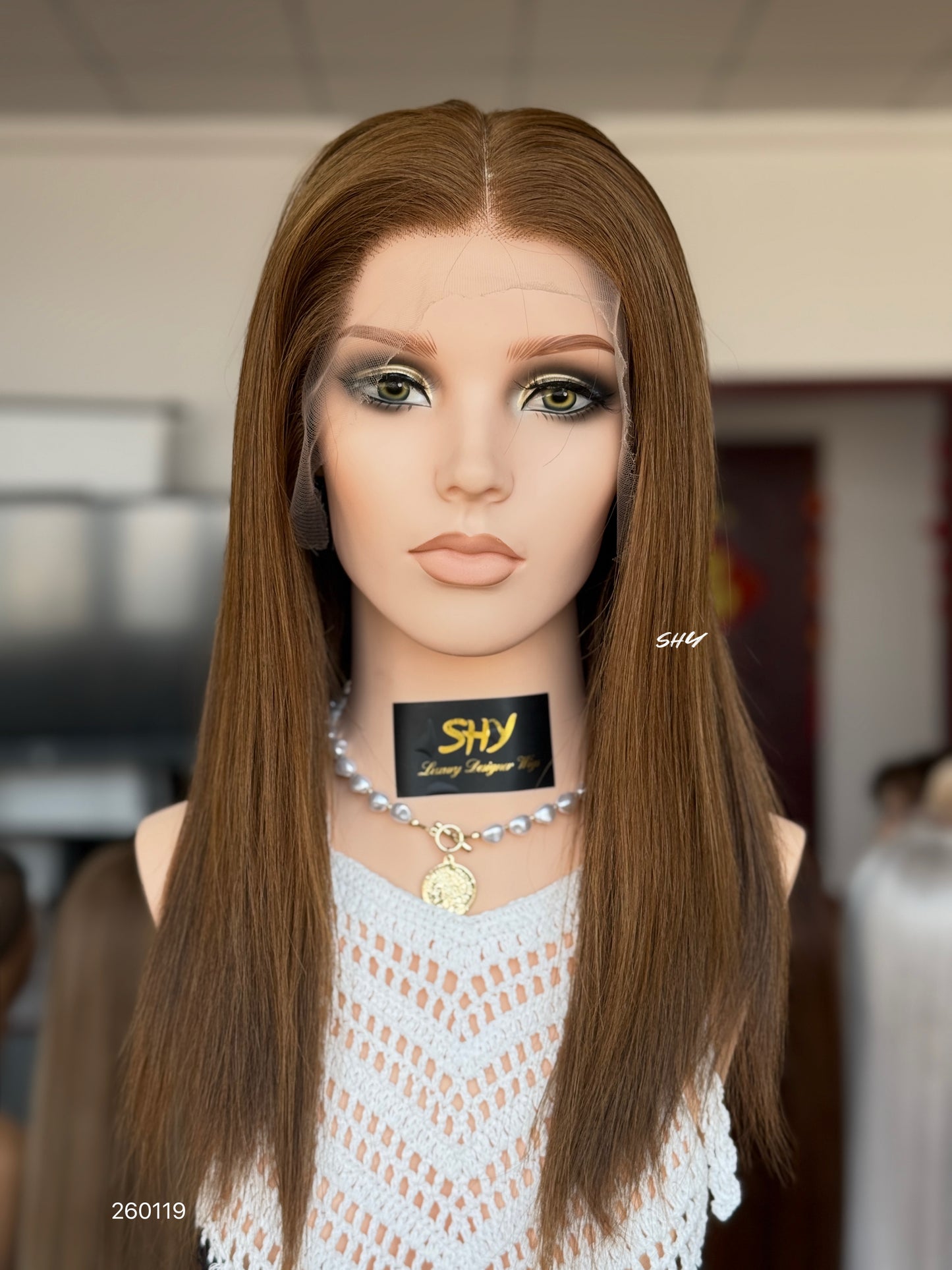 Chestnut Chocolate Brown Middle-Part Straight Human Hair Lace Front Glueless Medical Wig, product view 1