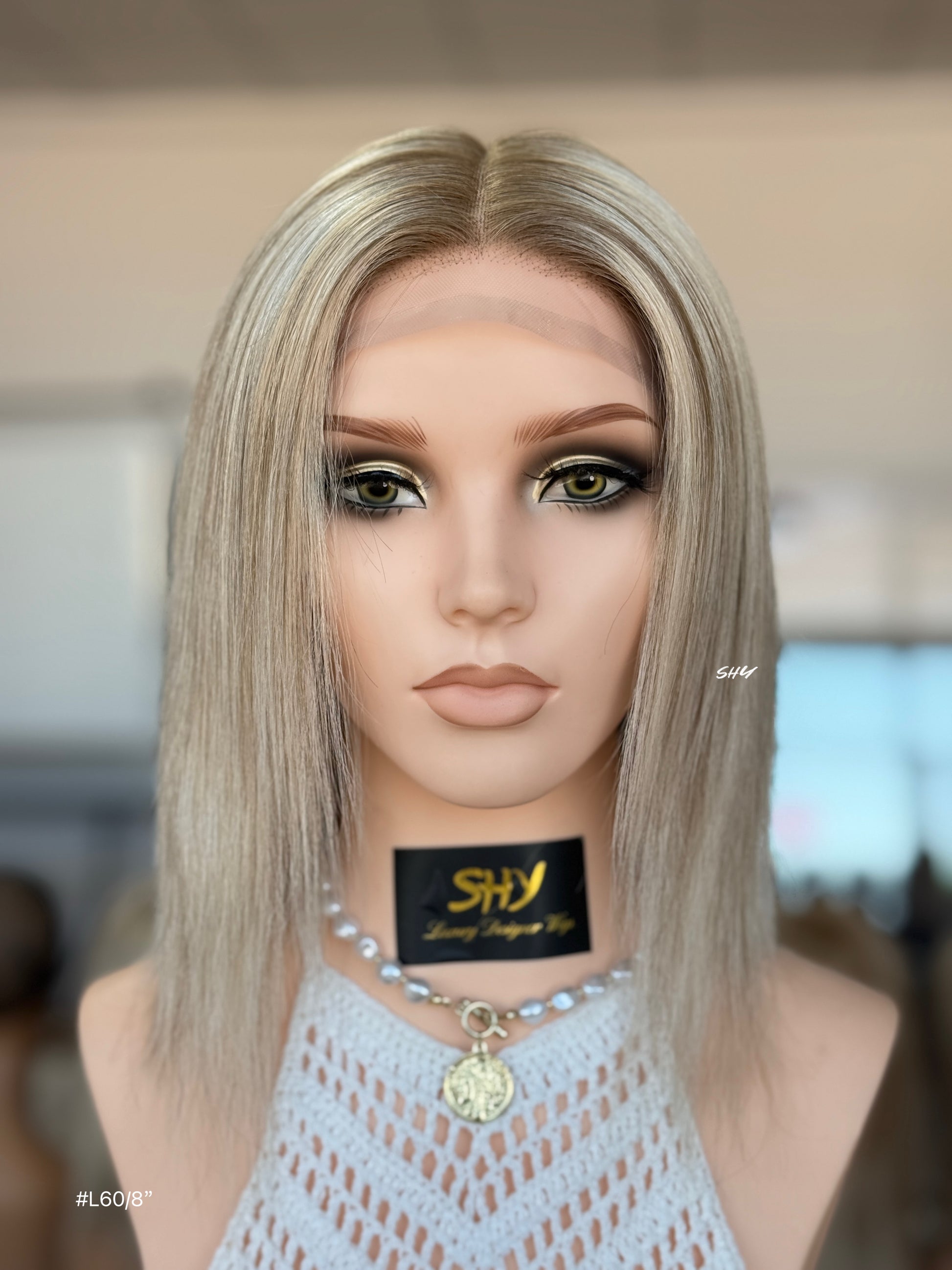 Ash Blonde Highlighted Middle-Part Straight Human Hair Lace Front Glueless Medical Wig, product view 1