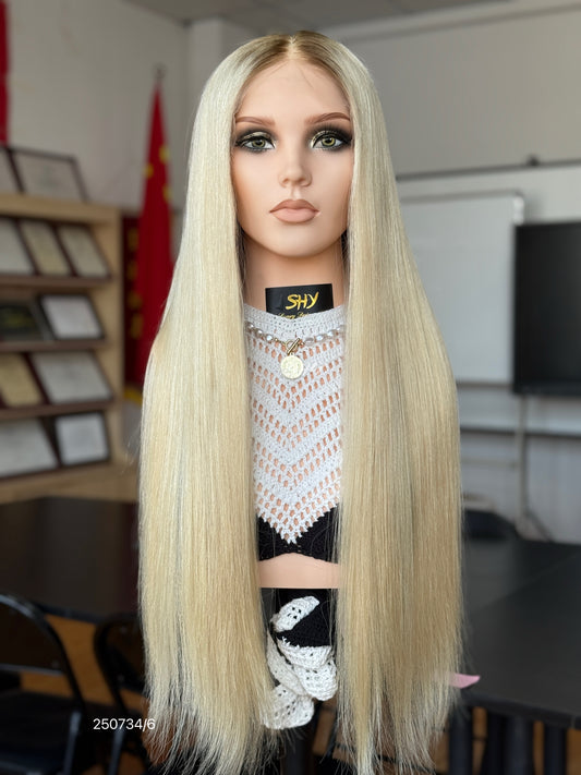 Pale Blonde Middle-Part Long Straight Human Hair Lace Front Glueless Medical Wig, product view 1