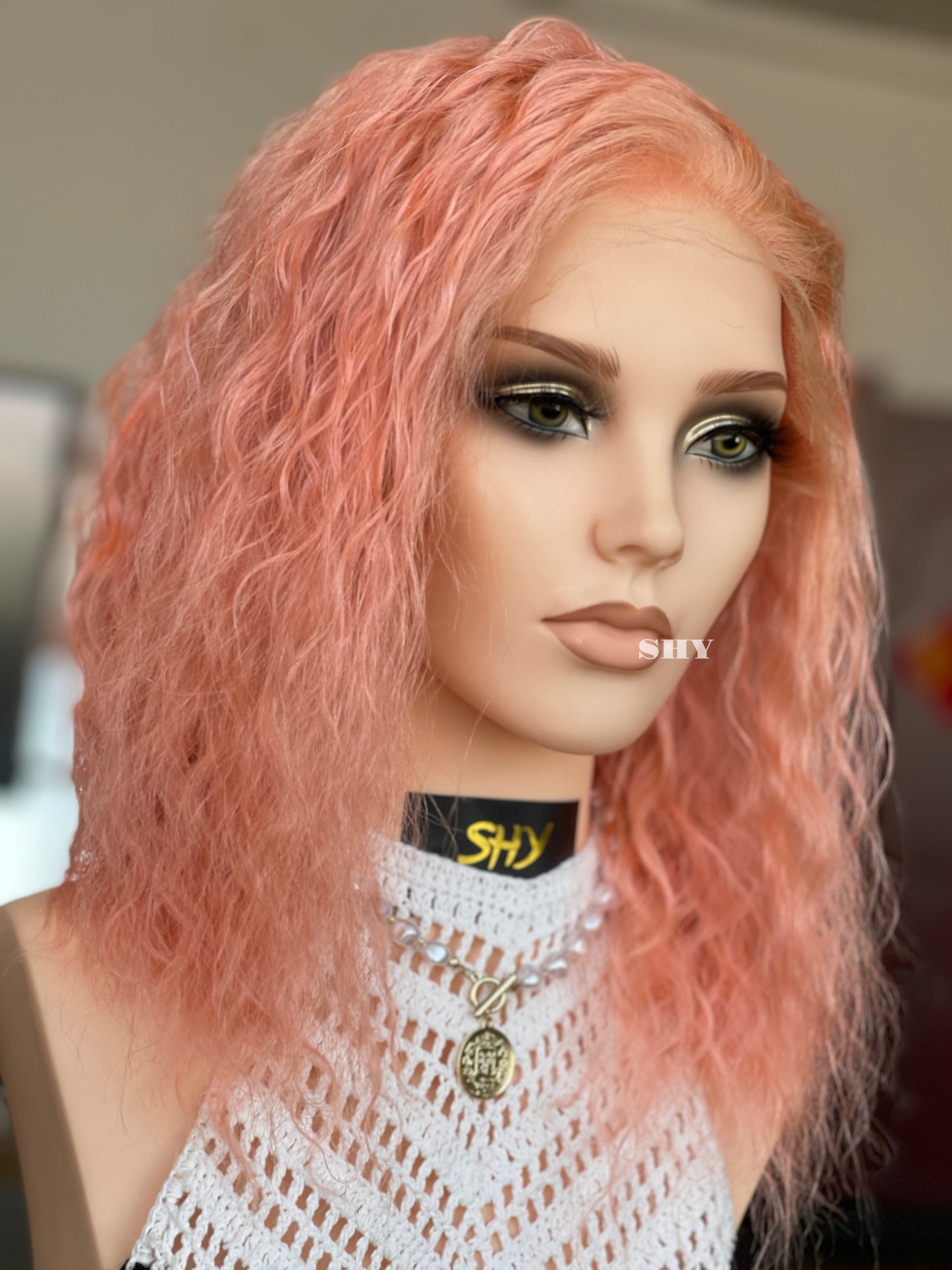 Rose Pink Side-Part Wavy Human Hair Lace Front Glueless Medical Wig, product view 1