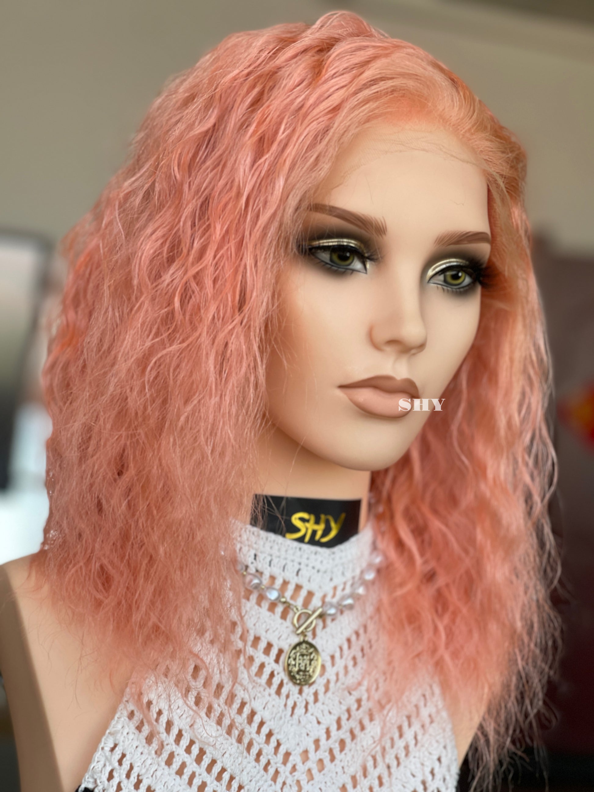 Rose Pink Side-Part Wavy Human Hair Lace Front Glueless Medical Wig, product view 1