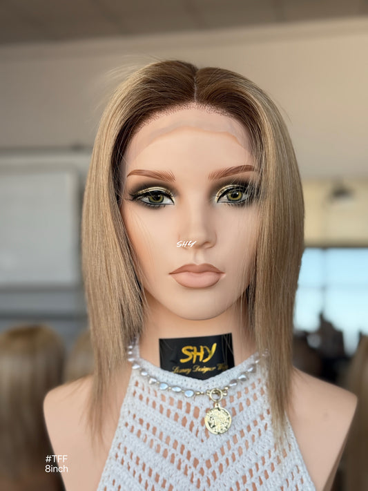 Dark Root Ash Blonde Highlighted Side-Part Straight Bob Human Hair Lace Front Glueless Medical Wig, product view 1