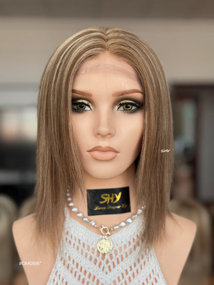 Natural Brown Blonde Highlighted Middle-Part Straight Human Hair Lace Front Glueless Medical Wig, product view 1