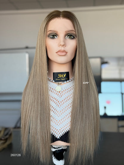 Dark Root Beige Blonde Highlighted Middle-Part Straight Human Hair Lace Front Glueless Medical Wig, product view 1