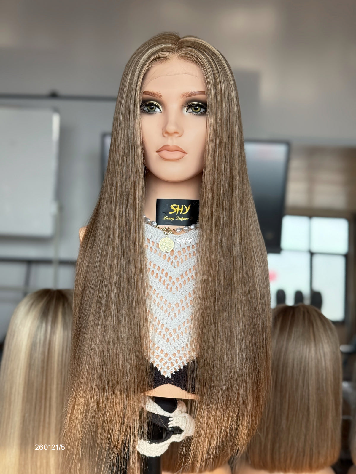 Brown Blonde Highlighted Middle-Part Long Straight Human Hair Lace Front Glueless Medical Wig, product view 1