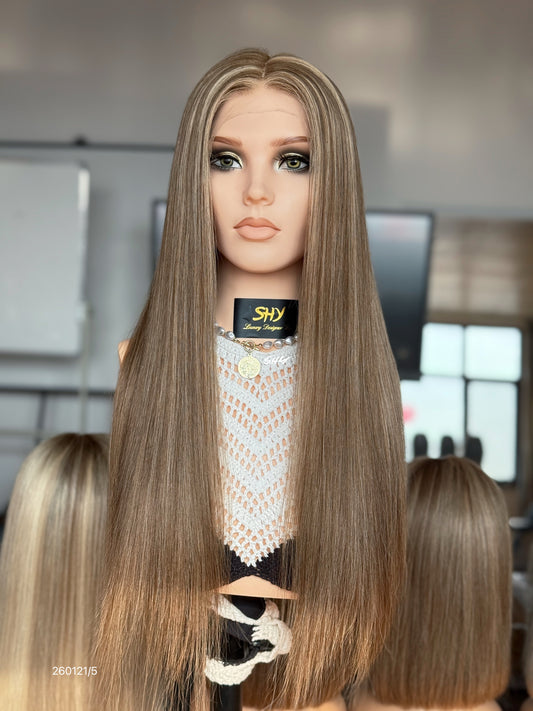 Brown Blonde Highlighted Middle-Part Long Straight Human Hair Lace Front Glueless Medical Wig, product view 1